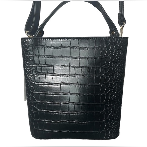 NWT AOTA Black Crocodile Vegan Leather Crossbody Bucket Bag - Picture 7 of 7